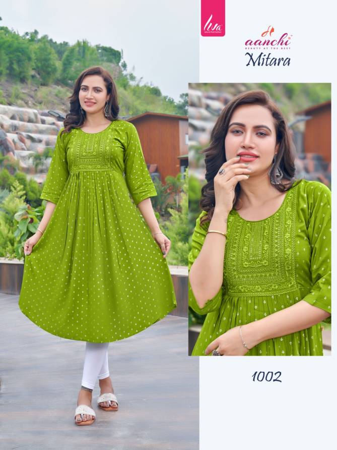 Mitara By Aanchi Rayon Embroidery Printed Kurtis Wholesale Market In Surat
